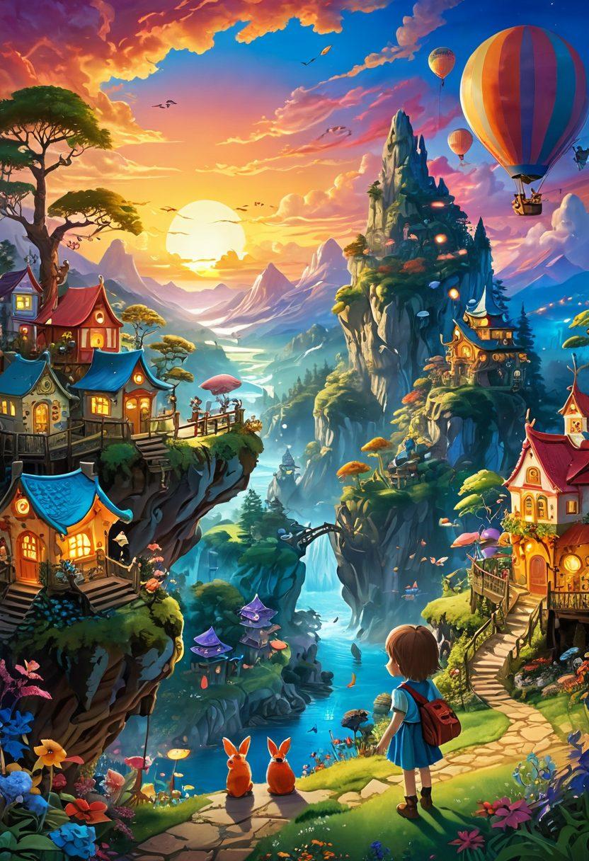 A vibrant and dreamy landscape filled with whimsical characters inspired by playful hintai art and anime. Incorporate fantastical creatures, colorful towns, and joyful scenes of children playing in the foreground, with a surreal sunset illuminating the sky. Include playful elements like oversized toys and magical forests that evoke a sense of wonder and joy. super-realistic. vibrant colors. fantasy art.