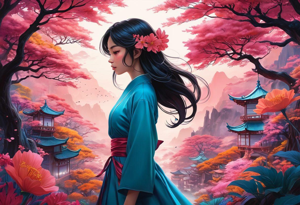 A dreamy, surreal landscape filled with characters inspired by hintai and manga, featuring vibrant colors and playful yet seductive poses. Include soft, ethereal lighting that illuminates the scene, with whimsical elements like oversized flowers and floating manga panels. Blend fantasy and reality to create an immersive atmosphere that invites exploration of ecstatic emotions. The style should be a fusion of manga and digital art with bold outlines and detailed expressions. vibrant colors. fantasy art.