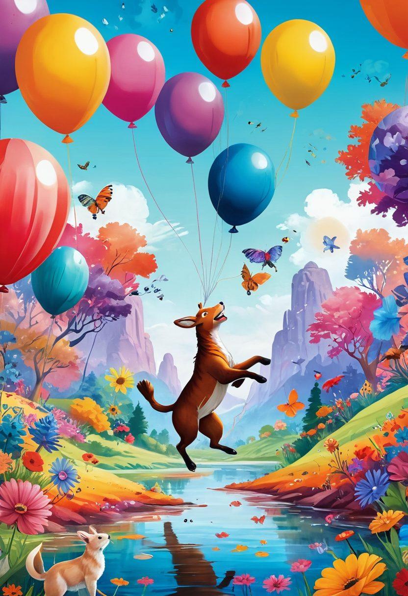 A vibrant, whimsical scene featuring playful illustrations of animals frolicking in a colorful landscape, with oversized flowers and floating balloons. Incorporate cheerful expressions and exaggerated features to evoke joy and creativity. The background should be bright and lively, filled with splashes of color that exude a sense of happiness and light-heartedness. super-realistic. vibrant colors. playful atmosphere.
